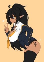 Rule 34 | 1girl, absurdres, ahoge, black hair, black nails, black skirt, black thighhighs, blue jacket, borrowed character, braid, breasts, bright pupils, cleavage, closed mouth, collared shirt, cowboy shot, dark-skinned female, dark elf, dark skin, elf, fingernails, from side, hair between eyes, highres, jacket, large breasts, leaning forward, long hair, long sleeves, looking at viewer, looking to the side, nail polish, necktie, open clothes, open jacket, orange eyes, orange necktie, original, panties, pink background, pleated skirt, pointy ears, ponytail, shirt, side-tie panties, simple background, skindentation, skirt, smile, solo, sparkle, sub-res, thighhighs, underwear, v, white shirt, wing collar