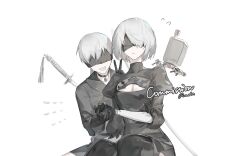 Rule 34 | 1boy, 1girl, 2b (nier:automata), 9s (nier:automata), artist name, black blindfold, black dress, black gloves, black jacket, black thighhighs, blindfold, bob cut, boots, breasts, cleavage, cleavage cutout, clothing cutout, dress, feather trim, gloves, grey hair, highres, holding hands, jacket, juliet sleeves, long sleeves, medium breasts, nier:automata, nier (series), open mouth, parted lips, pendant choker, pod (nier:automata), puffy sleeves, rudooo, short hair, smile, sword, thigh boots, thighhighs, upper body, v, weapon, white background