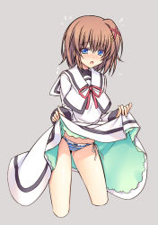Rule 34 | 1girl, :o, blue eyes, blush, bow, bow panties, brown hair, clothes lift, cropped legs, dress, dress lift, embarrassed, flying sweatdrops, grey background, hair ornament, highres, long sleeves, lyrical nanoha, mahou shoujo lyrical nanoha, mahou shoujo lyrical nanoha a&#039;s, open mouth, panties, raiou, ribbon, school uniform, short hair, side-tie panties, simple background, solo, striped clothes, striped panties, sweat, underwear, x hair ornament, yagami hayate
