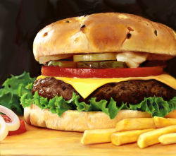 Rule 34 | burger, cheese, derivative work, food, food focus, french fries, hamburger bun, lettuce, no humans, onion, original, photorealistic, pickle, realistic, still life, tomato, usatan (artist)