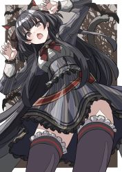 Rule 34 | 1girl, angry, animal ear fluff, animal ears, arms up, bat (animal), black hair, black neckwear, black ribbon, black thighhighs, blush, border, buttons, cat ears, cat tail, claw pose, coffin, commentary, dress, fang, feet out of frame, forest, frilled dress, frilled sleeves, frilled thighhighs, frills, from below, hair ornament, hair ribbon, hairclip, highres, idolmaster, idolmaster shiny colors, long sleeves, mayuzumi fuyuko, nature, neckwear request, open mouth, red ribbon, ribbon, sash, sidelocks, solo, striped clothes, striped dress, tail, thighhighs, tree, urota shimapann, yellow eyes, zettai ryouiki