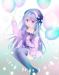 Rule 34 | 1girl, :o, ahoge, balloon, bare shoulders, beret, black hat, black thighhighs, blue sailor collar, blush, bow, camisole, collarbone, commentary, dress, gradient background, grey background, hair between eyes, hair intakes, hand up, hat, hat bow, highres, holding, holding balloon, long sleeves, no shoes, off shoulder, open mouth, original, purple camisole, purple dress, purple eyes, sailor collar, shirogane hina, silver hair, sleeves past wrists, solo, star (symbol), striped, striped bow, symbol-only commentary, thighhighs, white background