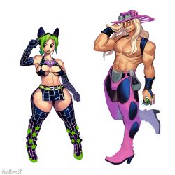 Rule 34 | 1boy, 1girl, abs, absurdres, ball, blonde hair, blue lips, boots, bra, breasts, curvy, detached sleeves, green lips, gyro zeppeli, hat, high heels, highres, jojo no kimyou na bouken, kuujou jolyne, large breasts, loincloth, long hair, multicolored hair, namnums, ponytail, thick thighs, thighhighs, thighs, two-tone hair, underwear, wide hips