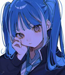 Rule 34 | 1girl, black jacket, blue hair, blue necktie, closed mouth, collared shirt, grey eyes, hand on own cheek, hand on own face, highres, jacket, long hair, long sleeves, looking at viewer, necktie, original, portrait, shirt, sidelocks, simple background, solo, twintails, white background, white shirt, wispy bangs, yoruse