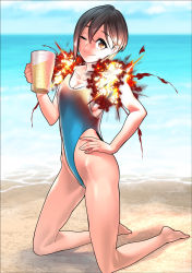 Rule 34 | 1girl, barefoot, beach, blue one-piece swimsuit, borrowed character, breasts, brown hair, cleavage, drink, exploding shoulders, explosion, hair between eyes, hand on own hip, highleg, highleg swimsuit, highres, holding, holding drink, horizon, kneeling, looking at viewer, one-piece swimsuit, one eye closed, original, outdoors, rom no hito, shadow, short hair, smile, solo, swimsuit, water, what