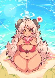 Rule 34 | 1girl, absurdres, ahoge, bikini, blue archive, blue background, blush, breasts, cleavage, closed mouth, curled horns, food, fruit, full body, grey hair, hair ornament, hairclip, halo, heart, highres, holding, horns, izumi (blue archive), large breasts, long hair, looking at viewer, mole, mole on thigh, navel, plump, poorsdraws, red bikini, seiza, shadow, side-tie bikini bottom, sitting, solo, speech bubble, spoken heart, straight-on, swimsuit, thick thighs, thighs, water, watermelon, yellow eyes