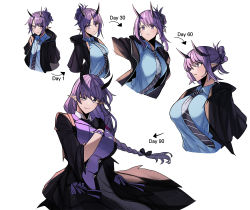 Rule 34 | 1girl, age progression, arknights, arrow (symbol), black gloves, blue necktie, blue shirt, breast expansion, breasts, commentary request, fkskii65, gloves, hair bun, hibiscus (arknights), hibiscus the purifier (arknights), horns, korean commentary, large breasts, looking at viewer, multiple views, necktie, pointy ears, purple eyes, purple hair, purple shirt, shirt, short hair, simple background, smile, striped necktie, white background