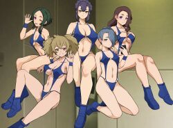 Rule 34 | 5girls, absurdres, blue hair, boots, braid, breasts, brown eyes, brown hair, cleavage, collarbone, expressionless, fingerless gloves, gloves, green eyes, green hair, grin, gundam, gundam suisei no majo, hair over one eye, hand on another&#039;s shoulder, haruhisky, henao jazz, highres, holding, holding phone, ireesha plano, ireesha plato, light brown hair, long hair, looking at viewer, maisie may, medium breasts, multiple girls, navel, one eye closed, open mouth, phone, purple eyes, purple hair, renee costa, sabina fardin, shoes, slingshot swimsuit, small breasts, smile, swimsuit, victory gundam, yellow eyes