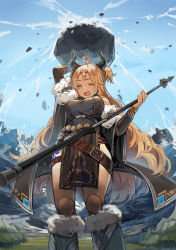 Rule 34 | 1girl, arm up, bad id, bad pixiv id, bangs pinned back, belt, belt skirt, blonde hair, blush, breasts, closed eyes, detached sleeves, giant, giantess, hand up, highres, holding, holding weapon, huanxiang heitu, large breasts, long hair, open mouth, pelvic curtain, polearm, rock, sidelocks, solo, spear, standing, topknot, two side up, weapon