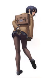 Rule 34 | 1girl, absurdres, ass, back, bag, black eyes, black footwear, blue hair, brown pantyhose, coat, from behind, gloves, hashimoto takashi, highres, ichinose mio, leg lift, legs, looking back, mary janes, panties, panties under pantyhose, pantyhose, pantyshot, pleated skirt, school bag, school uniform, shoes, short hair, simple background, skirt, solo, standing, thighband pantyhose, underwear, upskirt, white background, white breath, winter clothes