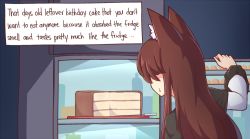 Rule 34 | 1girl, animal ear fluff, animal ears, black capelet, brown hair, cake, capelet, english text, food, from behind, imaizumi kagerou, indoors, long hair, long sleeves, refrigerator, sweatdrop, touhou, tray, wool (miwol)