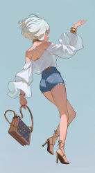 Rule 34 | 1girl, ass, bag, blouse, blue eyes, bracelet, choker, commentary, denim, denim shorts, english commentary, from behind, full body, handbag, high-waist shorts, high heels, highres, jewelry, looking at viewer, louis vuitton (brand), off-shoulder shirt, off shoulder, original, shirt, short hair, short shorts, shorts, simple background, solo, thighs, timbougami, white hair, white shirt, wide sleeves