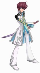 Rule 34 | 1boy, asbel lhant, black hair, blue eyes, brown hair, fighting stance, inomata mutsumi, long sleeves, male focus, official art, ready to draw, sheath, sheathed, short hair, solo, sword, tales of (series), tales of graces, weapon