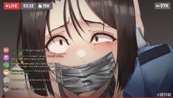 Rule 34 | 1girl, absurdres, animal collar, bent over, blush, brown eyes, brown hair, buckle, collar, constricted pupils, crying, crying with eyes open, danmaku comments, doggystyle, english text, gag, gagged, harris hero, highres, improvised gag, livestream, looking at viewer, meme, off shoulder, police, police uniform, policewoman, portrait, rape, recording, restrained, sex, sex from behind, short hair, snot, solo focus, tape, tape gag, tears, uneven eyes, uniform