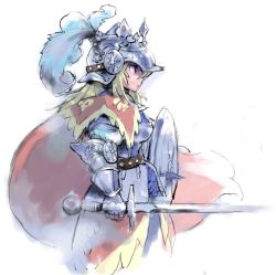 Rule 34 | 1girl, armor, bad id, bad tumblr id, belt, black eyes, blonde hair, cape, character request, copyright request, feathers, gauntlets, helmet, holding, holding sword, holding weapon, knight, long hair, matsuda (matsukichi), plume, profile, shield, solo, spikes, sword, weapon