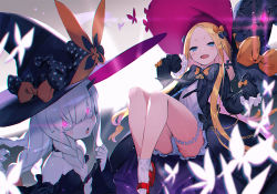 Rule 34 | 2girls, :d, abigail williams (fate), bare shoulders, black bow, black dress, black headwear, black sleeves, blonde hair, blue eyes, blush, bow, braid, bukurote, commentary request, detached sleeves, dress, fate/grand order, fate (series), forehead, glowing, glowing eyes, hair bow, hands up, hat, knees up, lavinia whateley (fate), long hair, long sleeves, looking at viewer, multiple girls, open clothes, open dress, open mouth, orange bow, parted bangs, pink hair, polka dot, polka dot bow, red footwear, shoes, sitting, sleeves past fingers, sleeves past wrists, smile, socks, strapless, strapless dress, white dress, white hair, white legwear, wide sleeves, witch hat