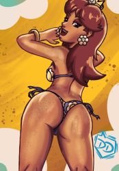 Rule 34 | 1girl, ass, bikini, blue eyes, breasts, brown hair, crown, earrings, eyeshadow, flower earrings, from behind, grin, highres, jewelry, legs, lipstick, looking at viewer, looking back, lying, makeup, mario (series), nintendo, open mouth, princess daisy, smile, solo, super mario land, swimsuit, thighs, thong, tomboy