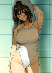 Rule 34 | 1girl, arm up, armpits, bare shoulders, breasts, brown eyes, brown hair, clothing cutout, collarbone, commentary request, competition swimsuit, eyebrows, facial scar, genderswap, genderswap (mtf), golden kamuy, hair between eyes, holding, holding towel, kimidake, large breasts, light, looking at viewer, medium hair, one-piece swimsuit, parted lips, scar, scar on cheek, scar on face, scar on mouth, scar on nose, scrunchie, shadow, side cutout, solo, standing, sugimoto saichi, sunlight, swimsuit, thick eyebrows, tile wall, tiles, towel, upper body, water drop, wet, wet hair, wet towel, white one-piece swimsuit, white towel, wrist scrunchie, yellow scrunchie