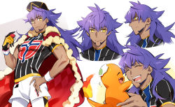 Rule 34 | 1boy, :d, akeno06, argyle, baseball cap, blush, cape, champion uniform, charmander, closed eyes, closed mouth, commentary request, creatures (company), dark-skinned male, dark skin, dynamax band, facial hair, flame-tipped tail, fur-trimmed cape, fur trim, game freak, gen 1 pokemon, gloves, hand on own hip, hat, highres, holding, holding poke ball, leggings, leon (pokemon), long hair, looking at viewer, male focus, multiple views, nintendo, open mouth, partially fingerless gloves, poke ball, poke ball (basic), pokemon, pokemon (creature), pokemon swsh, purple hair, red cape, shaded face, shield print, shirt, short shorts, short sleeves, shorts, single glove, smile, sword print, teeth, tongue, white legwear, white shorts, yellow eyes