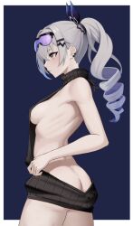 Rule 34 | 1girl, ass, bare arms, bare back, bare shoulders, black sweater, breasts, butt crack, commentary, cowboy shot, drill hair, english commentary, eyewear on head, from side, grey eyes, grey hair, honkai: star rail, honkai (series), long hair, meme attire, ponytail, profile, sidelocks, silver wolf (honkai: star rail), small breasts, solo, standing, sunglasses, sweater, thighs, turtleneck, turtleneck sweater, virgin killer sweater, yan kodiac