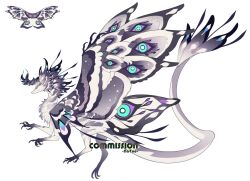 Rule 34 | animal focus, artist name, butterfly wings, claws, commission, dragon, eye print, from side, full body, head wings, highres, insect wings, natuooooooooooo, no humans, original, profile, simple background, solo, tail, white background, wings, yellow eyes