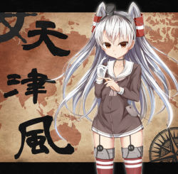 Rule 34 | 10s, 1girl, adjusting clothes, adjusting gloves, amatsukaze (kancolle), brown eyes, character name, choker, collarbone, cowboy shot, dress, garter straps, gloves, grey neckerchief, hair tubes, headgear, highres, kantai collection, kyuupura, long hair, long sleeves, looking at viewer, map, neckerchief, red thighhighs, sailor collar, sailor dress, silver hair, single glove, solo, striped clothes, striped thighhighs, thighhighs, triangle mouth, two side up, white gloves
