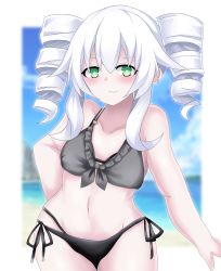 Rule 34 | bare shoulders, beach, belly, bikini, black sister, breasts, cleavage, cloud, drill hair, green eyes, highres, long hair, matrixjudge, midriff, navel, neptune (series), ocean, sand, sky, small breasts, smile, swimsuit, thighs, tsundere, twin drills, twintails, uni (neptunia), water, white hair