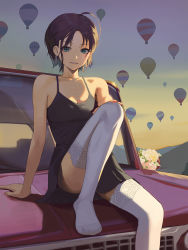 Rule 34 | 1girl, ahoge, aircraft, asakura toru, bad id, bad pixiv id, bare shoulders, black dress, black hair, blue eyes, blue hair, breasts, car, collarbone, dress, earrings, gradient hair, grin, highres, hot air balloon, idolmaster, idolmaster shiny colors, jewelry, looking at viewer, motor vehicle, multicolored hair, outdoors, parted bangs, short hair, sitting, sitting on car, small breasts, smile, solo, spung, thighhighs, white thighhighs