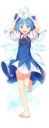 Rule 34 | 1girl, animal, arms up, barefoot, blue dress, blue eyes, blue hair, bow, cirno, dress, efe, fairy, frog, frozen, frozen frog, full body, hair ornament, hair ribbon, ice, ice wings, looking at viewer, matching hair/eyes, open mouth, puffy sleeves, ribbon, short hair, short sleeves, simple background, smile, solo, touhou, white background, wings