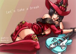 Rule 34 | 1girl, black hair, bob cut, boots, breasts, cleavage, dress, electric guitar, green eyes, guilty gear, guitar, hat, high-waist skirt, high heel boots, high heels, highres, holding, holding guitar, holding instrument, i-no, instrument, jacket, large breasts, lipstick, lying, makeup, microskirt, mole, mole above mouth, on side, open mouth, red headwear, red jacket, red leather, red lips, short hair, skirt, smile, sptn 00, thigh boots, twitter username, witch hat