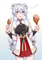 Rule 34 | 1girl, absurdres, blue eyes, blush, boned meat, breasts, character name, chinese clothes, commentary, cowboy shot, dress, food, hair between eyes, hair bobbles, hair ornament, hfp~kubiao, highres, holding, holding food, honkai (series), honkai impact 3rd, kiana kaslana, kiana kaslana (divine prayer), long hair, meat, medium breasts, open mouth, painttool sai (medium), short dress, silver hair, simple background, solo, twintails, very long hair