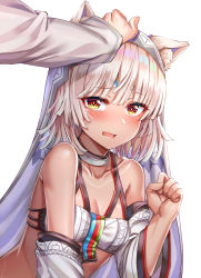 Rule 34 | 1girl, absurdres, altera (fate), animal ear fluff, animal ears, bandeau, bare shoulders, blush, breasts, cat ears, collar, collarbone, commentary, dark-skinned female, dark skin, detached sleeves, fate/grand order, fate (series), headpat, heart, highres, kemonomimi mode, long sleeves, looking at viewer, open mouth, orange eyes, short hair, silver hair, simple background, small breasts, solo, solo focus, sunhyun, upper body, veil, wavy mouth, white background