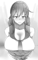 Rule 34 | 1girl, absurdres, attyon, braid, breasts, cleavage, closed mouth, collarbone, garter straps, greyscale, highres, huge breasts, kantai collection, monochrome, navel, neckerchief, noshiro (kancolle), perspective, pleated skirt, sailor collar, sidelocks, simple background, single thighhigh, skirt, sleeveless, solo, standing, sweat, thighhighs, twin braids