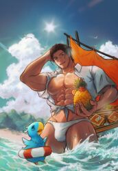 Rule 34 | 1boy, abs, absurdres, adventurer (ff14), bara, beach, black hair, blue eyes, bulge, chocobo, cloud, collared shirt, day, facial hair, final fantasy, final fantasy xiv, food, fruit, highres, holding, holding food, holding fruit, hyur, innertube, large pectorals, male focus, male swimwear, mikomi 95, muscular, muscular male, navel, nipples, open clothes, open shirt, outdoors, partially submerged, pectorals, pineapple, shirt, short hair, sky, smile, solo, swim briefs, swim ring, thick thighs, thighs, warrior of light (ff14), water, white male swimwear, white shirt