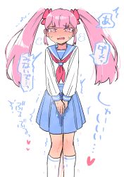 Rule 34 | 1girl, blue sailor collar, blunt bangs, blush, breath, collarbone, colored eyelashes, ear blush, embarrassed, female focus, flat chest, flat color, hair ornament, hair scrunchie, half-closed eyes, have to pee, heart, highres, japanese text, kneehighs, long hair, long sleeves, looking at viewer, miniskirt, neckerchief, nose blush, open mouth, original, own hands together, pee, peeing, peeing self, pink hair, pink scrunchie, pleated skirt, raised eyebrows, red eyes, red neckerchief, sailor collar, scrunchie, shirt, sidelocks, simple background, sketch, skirt, socks, solo, speech bubble, standing, steam, straight-on, suzumushi (tanpopo cha), sweat, talking, tears, translation request, trembling, twintails, v arms, wavy mouth, wet, wet clothes, white background, white shirt, white socks