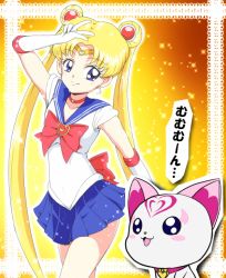 Rule 34 | 1girl, bishoujo senshi sailor moon, blue sailor collar, blue skirt, bow, brooch, cat, crossover, double bun, eyelashes, gloves, hair bun, heart, heart brooch, hummy (suite precure), jewelry, long hair, magical girl, mitsuishi kotono, parody, precure, red bow, sailor collar, sailor moon, skirt, smile, suite precure, tj-type1, tsukino usagi, twintails, v, very long hair, voice actor connection, white gloves