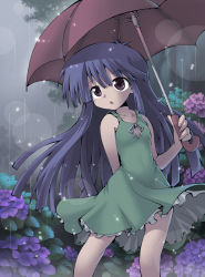 Rule 34 | 1girl, blue hair, dress, flower, furude rika, green skirt, higurashi no naku koro ni, hime cut, hydrangea, kurogarasu, long hair, petticoat, purple eyes, rain, skirt, solo, sundress, umbrella
