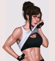 Rule 34 | 1girl, abs, absurdres, alternate hair length, alternate hairstyle, black gloves, black hair, black sports bra, breasts, chandeloor, cleavage, commentary, earrings, english commentary, final fantasy, final fantasy vii, final fantasy vii remake, fingerless gloves, gloves, grey background, hair bun, highres, hot, jewelry, large breasts, lips, looking at viewer, muscular, muscular female, navel, nose, realistic, red eyes, short hair, sidelocks, simple background, single hair bun, solo, sports bra, square enix, sweat, tank top, tifa lockhart, updo, white tank top