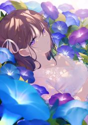 Rule 34 | 1girl, achiki, backlighting, blue flower, breasts, brown hair, closed mouth, commentary request, crying, crying with eyes open, dress, dutch angle, flower, hair between eyes, hair ribbon, looking at viewer, lying, on back, original, purple eyes, purple flower, ribbon, see-through, small breasts, solo, tears, upper body, white dress, white ribbon