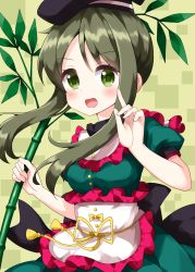 Rule 34 | 1girl, :d, apron, bamboo, black hat, cowboy shot, dress, green background, green dress, green eyes, green hair, hat, highres, holding, holding plant, looking at viewer, open mouth, plant, puffy short sleeves, puffy sleeves, ruu (tksymkw), short hair with long locks, short sleeves, sidelocks, smile, solo, standing, tate eboshi, teireida mai, touhou, waist apron, white apron