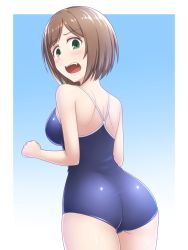 Rule 34 | 10s, 1girl, ass, blue background, blue one-piece swimsuit, brown hair, competition school swimsuit, from behind, gradient background, green eyes, idolmaster, idolmaster cinderella girls, looking at viewer, looking back, maekawa miku, one-piece swimsuit, open mouth, pataneet, school swimsuit, short hair, solo, swimsuit