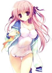 Rule 34 | 1girl, absurdres, blouse, blush, breasts, cleavage, collarbone, cover, cover page, highres, karory, long hair, one-piece swimsuit, open clothes, open shirt, original, pink hair, purple eyes, scan, school swimsuit, school uniform, serafuku, shirt, solo, swimsuit, taut clothes, taut shirt, thigh gap, two side up, undressing, wet, white school swimsuit, white one-piece swimsuit