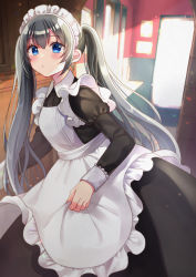 Rule 34 | 1girl, apron, backlighting, black dress, black hair, blue eyes, blurry, blurry background, blush, closed mouth, collared dress, commentary request, day, depth of field, dress, frilled apron, frills, hair between eyes, highres, indoors, juliet sleeves, long hair, long sleeves, looking at viewer, maid, maid apron, maid headdress, minami saki, original, puffy sleeves, solo, sunlight, twintails, very long hair, white apron, window