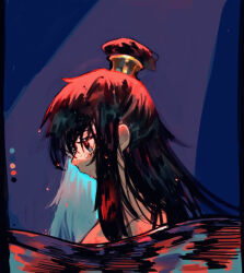Rule 34 | 1girl, bathing, black hair, blue eyes, color guide, commentary request, crying, crying with eyes open, hair bun, library of ruina, long hair, looking down, mochigome 138, nude, project moon, single hair bun, solo, tears, water, water drop, xiao (project moon)