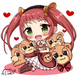 Rule 34 | &gt; o, 1girl, :3, :d, animal bag, ayane (princess connect!), bag, bear bag, blush, boots, brown footwear, brown gloves, brown thighhighs, chibi, closed mouth, commentary request, dress, dutch angle, fang, gloves, green eyes, hair ornament, handbag, heart, heart in eye, highres, looking at viewer, nyano21, hugging object, one eye closed, open mouth, princess connect!, red dress, red hair, shoulder bag, simple background, sitting, sleeveless, sleeveless dress, smile, solo, stuffed animal, stuffed toy, symbol in eye, teddy bear, thigh boots, thighhighs, twintails, white background
