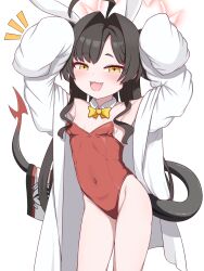 Rule 34 | 1girl, absurdres, adapted costume, ahoge, animal ears, arms up, bare shoulders, black hair, blackness (blackness661), blue archive, blush, bow, bowtie, breasts, coat, commentary, contrapposto, covered navel, cowboy shot, detached collar, fake animal ears, fang, hair intakes, highleg, highleg leotard, highres, huge ahoge, kasumi (blue archive), lab coat, leotard, long hair, looking at viewer, notice lines, open clothes, open coat, open mouth, playboy bunny, rabbit ears, rabbit pose, red leotard, simple background, small breasts, smile, solo, strapless, strapless leotard, tail, variant set, white background, white coat, yellow bow, yellow bowtie, yellow eyes