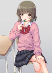 Rule 34 | 1girl, :d, blush, bow, bowtie, brown hair, candy, crossed legs, food, holding, holding candy, holding food, idolmaster, idolmaster cinderella girls, kaishinshi, lollipop, looking at viewer, loose bowtie, on chair, open mouth, pink sweater, plaid, plaid skirt, pleated skirt, red bow, red bowtie, sitting, skirt, smile, solo, sweater, yorita yoshino