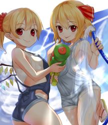 Rule 34 | 2girls, alternate costume, ass, bare legs, bare shoulders, bikini, blonde hair, chiroshiron, closed mouth, commentary request, fingernails, flandre scarlet, hair between eyes, hair ribbon, hands up, holding, hose, looking at viewer, multiple girls, o-ring, outdoors, overalls, pointy ears, ponytail, red eyes, red ribbon, ribbon, rumia, sandals, smile, standing, standing on one leg, sun, swimsuit, tongue, tongue out, touhou, water, water gun, white background, wings