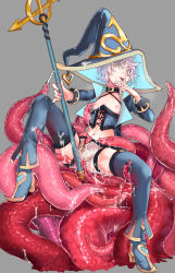 Rule 34 | 1boy, androgynous, awii, choker, colored eyelashes, crossdressing, cum, full body, green eyes, grey background, hat, heart, high heels, looking at viewer, male focus, navel, nipples, original, simple background, smile, solo, tentacles, tentacles on male, thighhighs, tongue, tongue out, trap, weapon, white hair, witch hat, zettai ryouiki