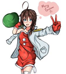 Rule 34 | 10s, 1girl, bad id, bad pixiv id, blue eyes, braid, brown hair, christmas, gift, gloves, hair over shoulder, kantai collection, long hair, looking at viewer, merry christmas, military, military uniform, naval uniform, open mouth, sack, santa costume, shigure (kancolle), single braid, smile, solo, thighhighs, uniform, zeroyama